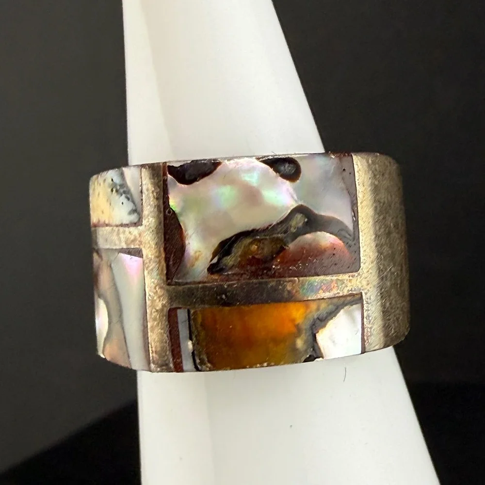 Vintage Sterling Silver Abalone Inlay Wide Cigar Band Ring Chunky Size 11